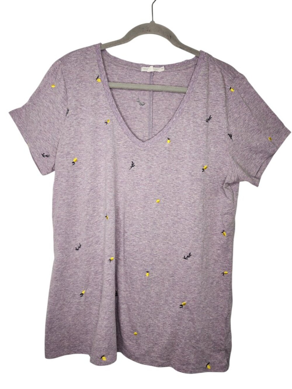 Threads 4 Thought Purple V Neck Embroidered Lemon Tee Size XXL
